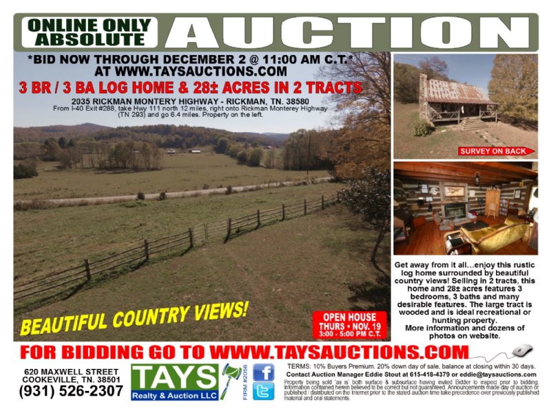 3br Log Home On 28± Ac in 2 Tracts : Rickman : Overton County : Tennessee